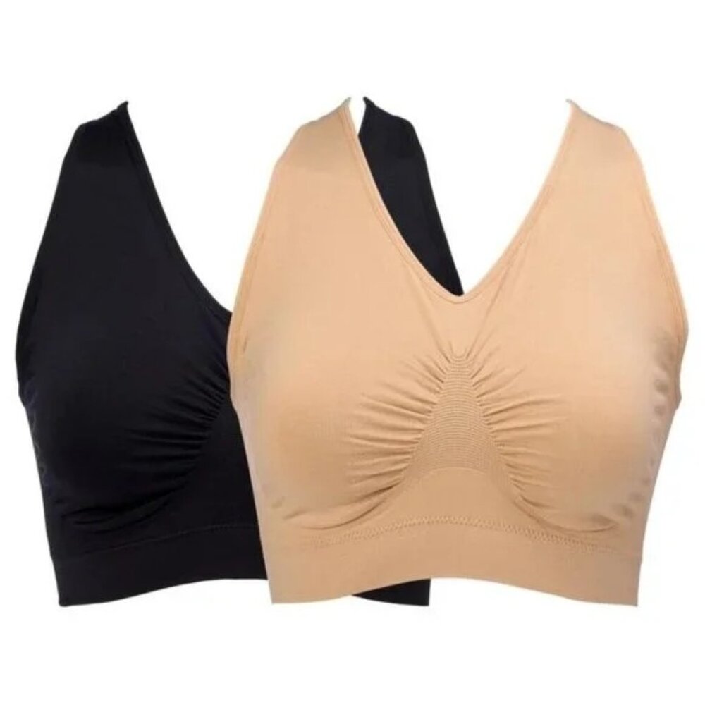 Rhonda Shear 2 Pack Seamless Racerback Ahh Bra Size XL Black Beige Support 635.3
